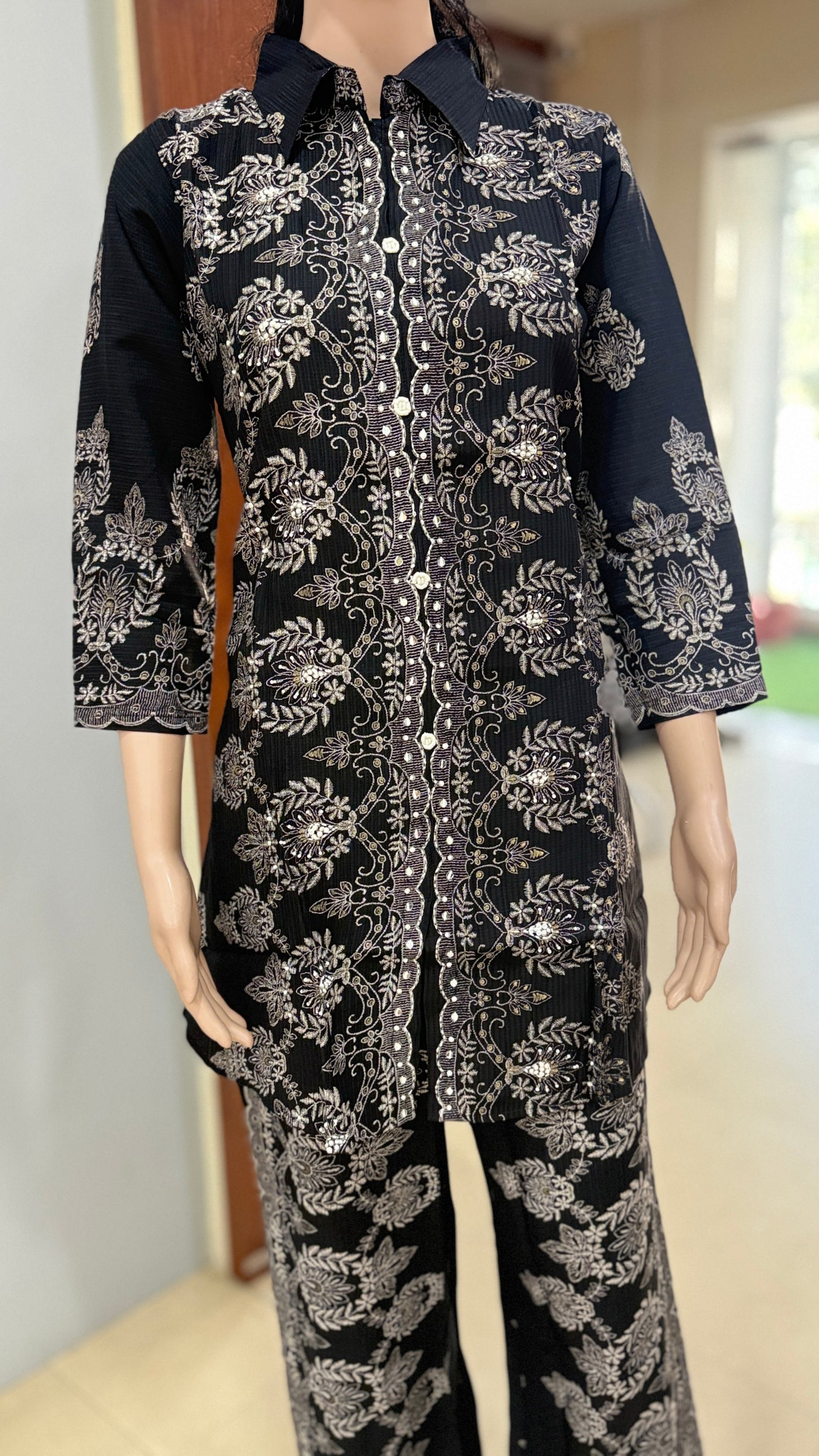 Inweaved cotton dobby co ord set for women with floral woven design, collared top and pant set, sizes 38 to 44