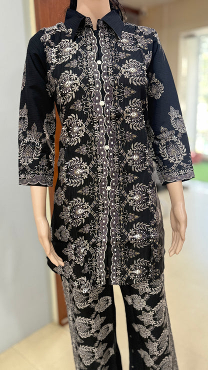 Inweaved cotton dobby co ord set for women with floral woven design, collared top and pant set, sizes 38 to 44