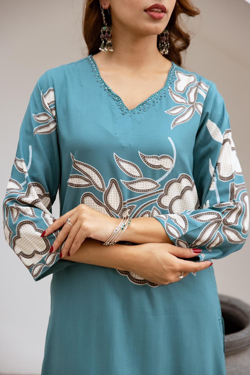 German Rayon Floral Printed Kurta Palazzo Set for Women – Lightweight Daily Wear