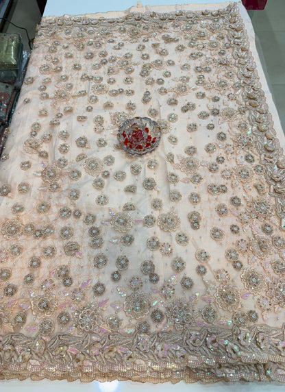 Champagne Gold Sequin Embroidered Saree for Women – Fancy Designer Fabric with 3D Floral and Crystal Work