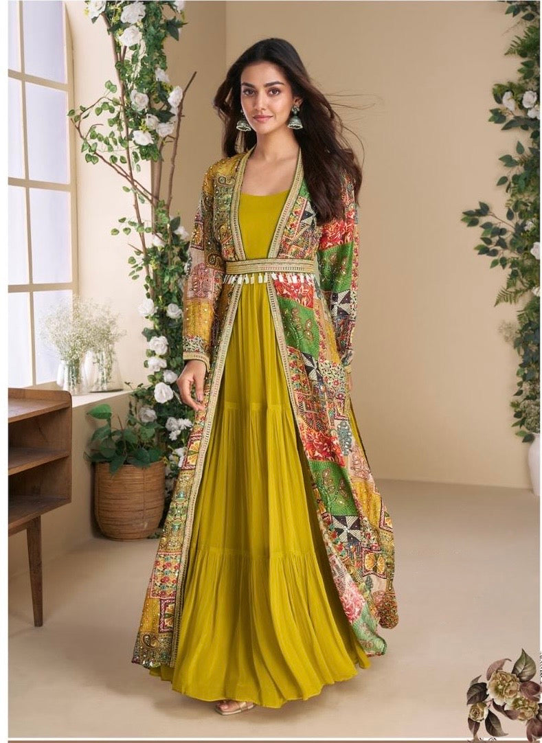 Real Georgette Gown with Hand-Embroidered Real Silk Shrug – Janvi 2-Piece Set for Women (Free Size)