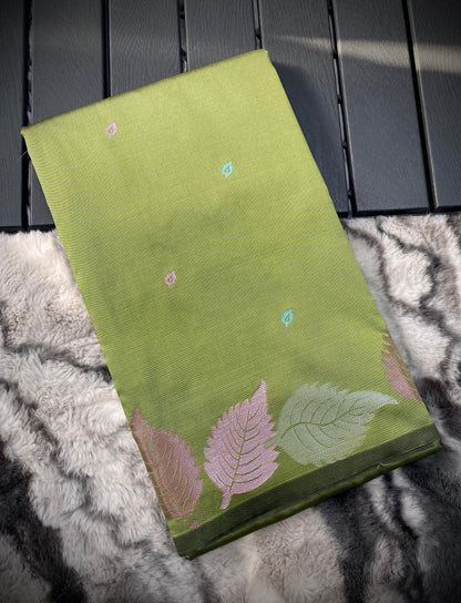 Pure Soft Silk Saree with Colorful Weaving and Leaf Panel Design