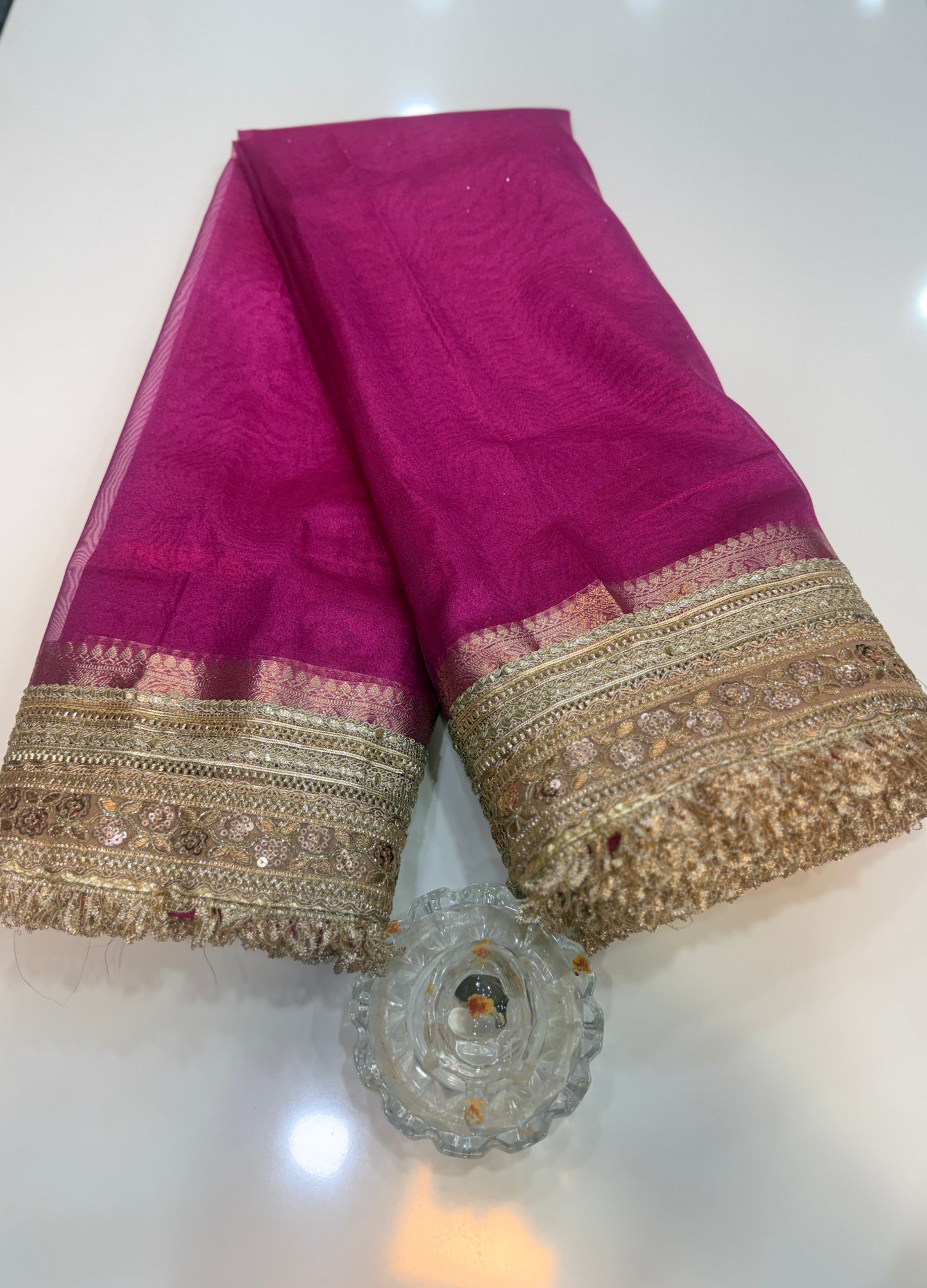 Women’s Banarasi katan tissue silk saree with heavy lace border and rich pallu, pink and gold