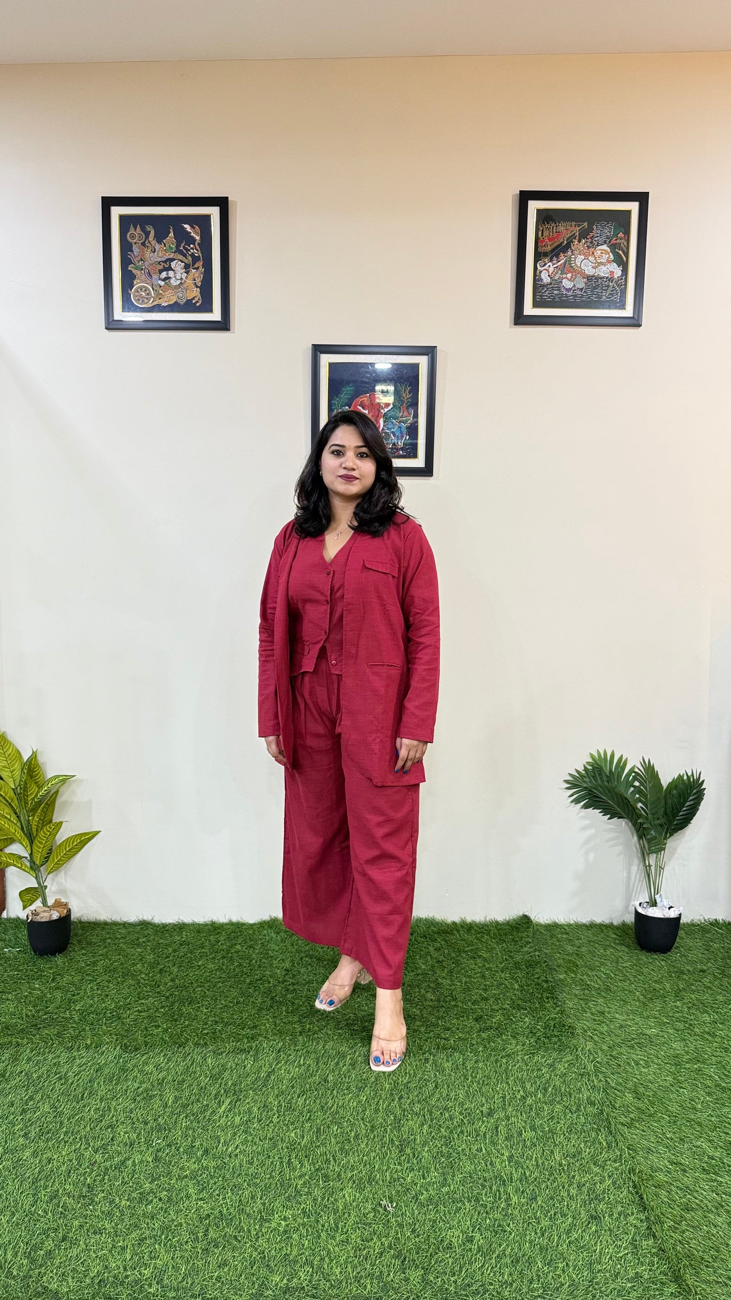 Pure Cotton Slub Bell-Bottom Pants with Halter Neck Waistcoat and Long Blazer – Women’s Three-Piece Set (Sizes 40 to 44)