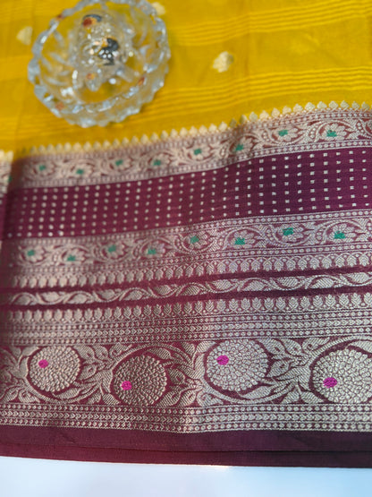 Banarasi semi georgette silk saree with gold zari weaving, meenakari big border and buti design for women