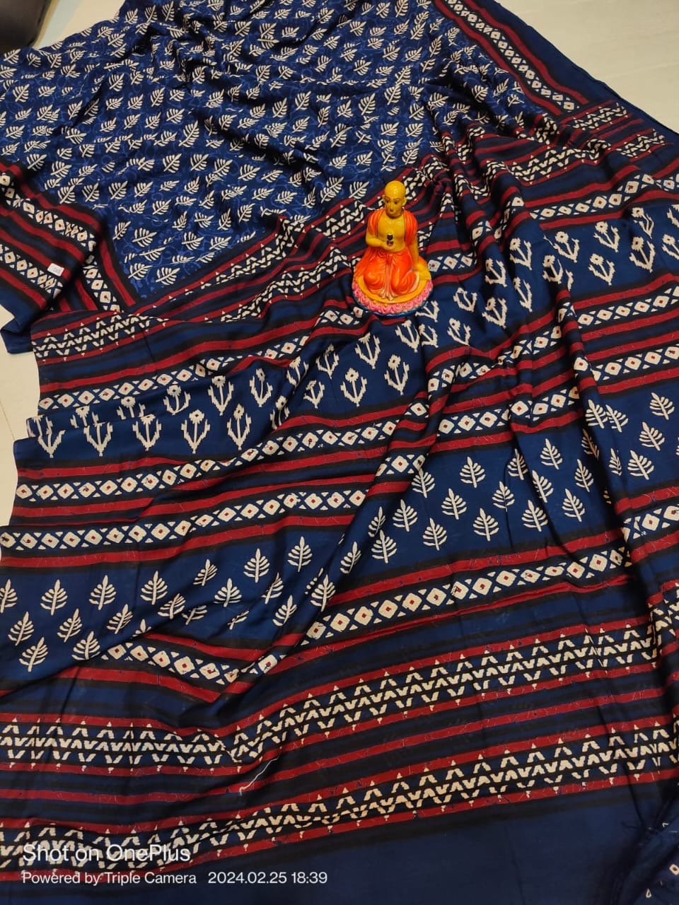 Semi Modal Silk Saree with Hand Block Prints and Contrast Blouse for Women