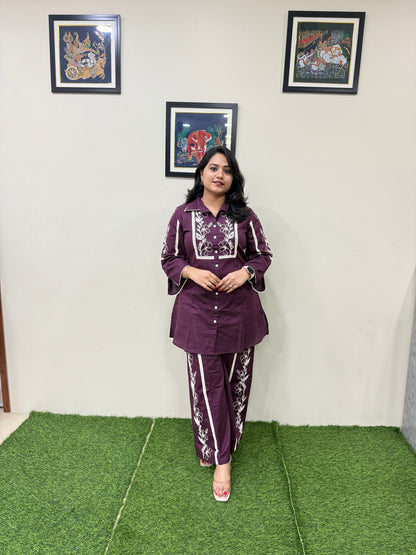 Wine Cotton Flex Co-Ord Set for Women with Embroidery and Lace Work – Shirt Top and Flared Palazzo