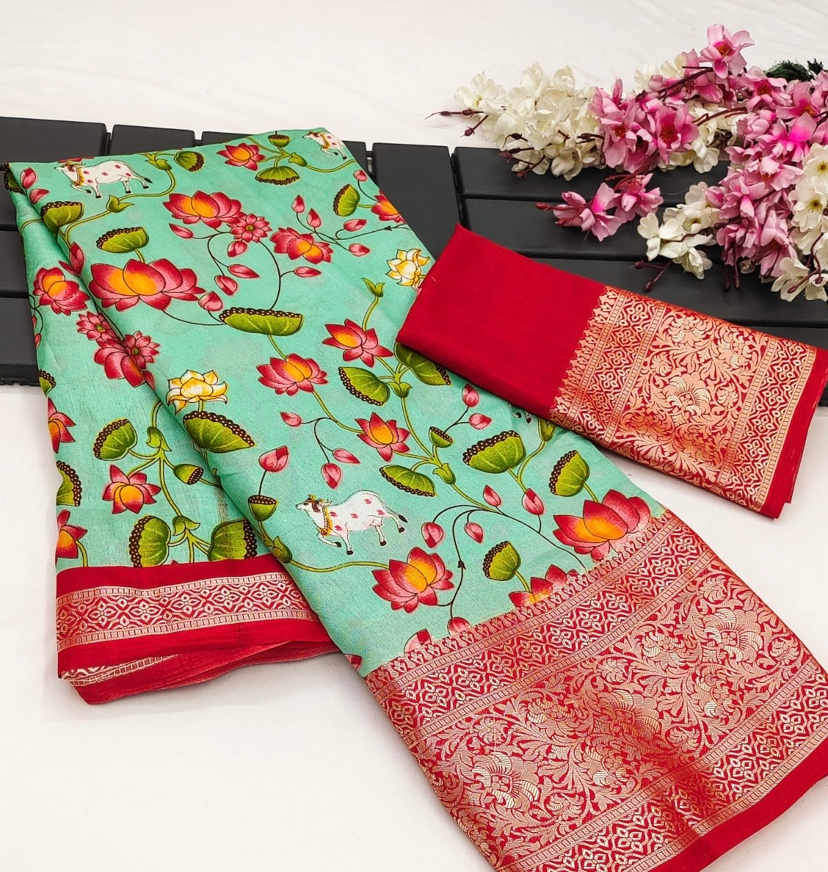 Kalamkari digital print Viscose Saree with weaving zari and gold viscose border.