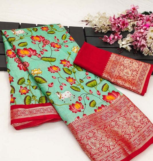 Kalamkari digital print Viscose Saree with weaving zari and gold viscose border.