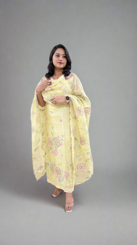 Unstitched Bamber Silk Suit with Resham Embroidery, 3D Patch Appliqué and Organza Dupatta
