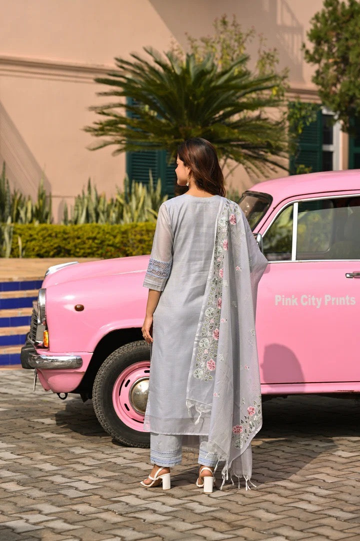Kota Doria Embroidered Suit Set with Dupatta for Women – Light Grey, Kurta Pant Dupatta
