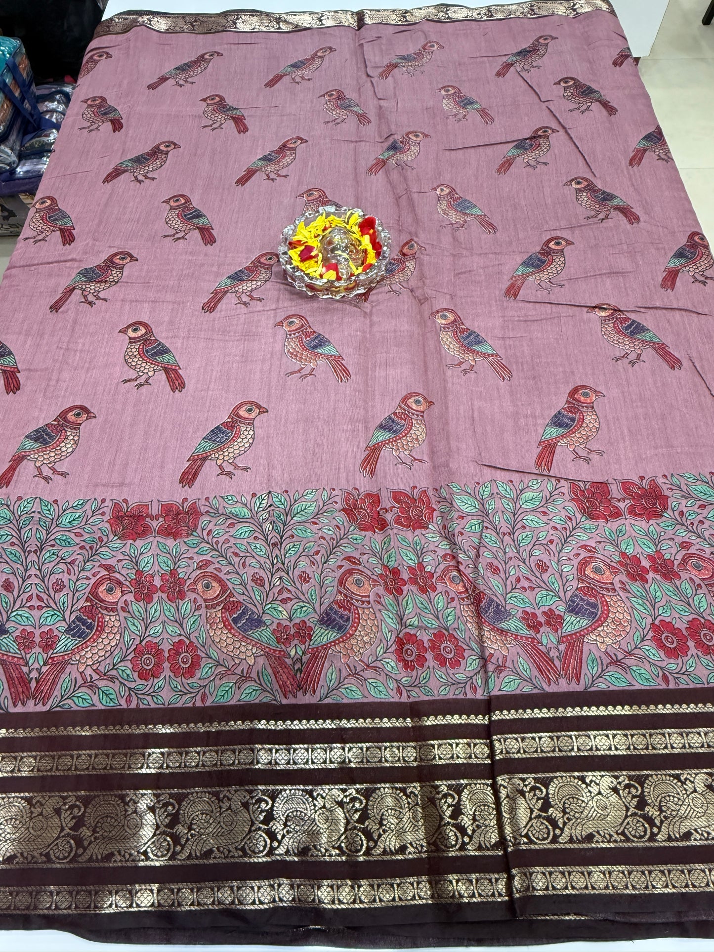 Venkatagiri style silk-blend printed saree with bird motifs and zari-style border, 6.3m women’s festive saree