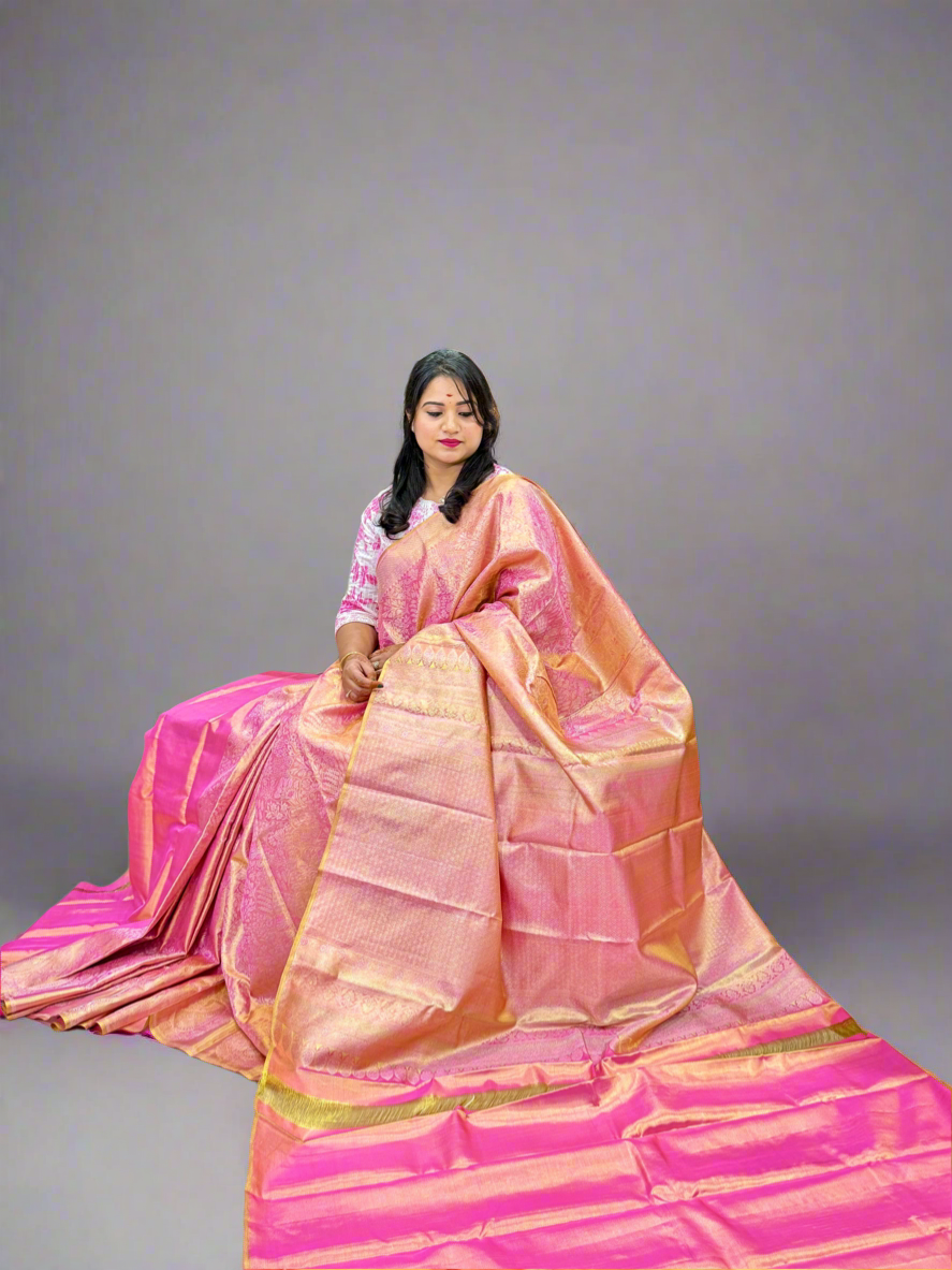 Borderless Pure Silk Saree in Bright Pink with Zari Weaving – Bridal Handloom Saree