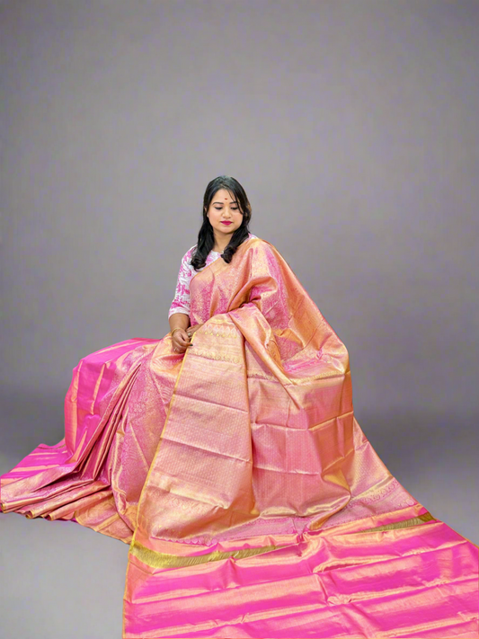 Borderless Pure Silk Saree in Bright Pink with Zari Weaving – Bridal Handloom Saree