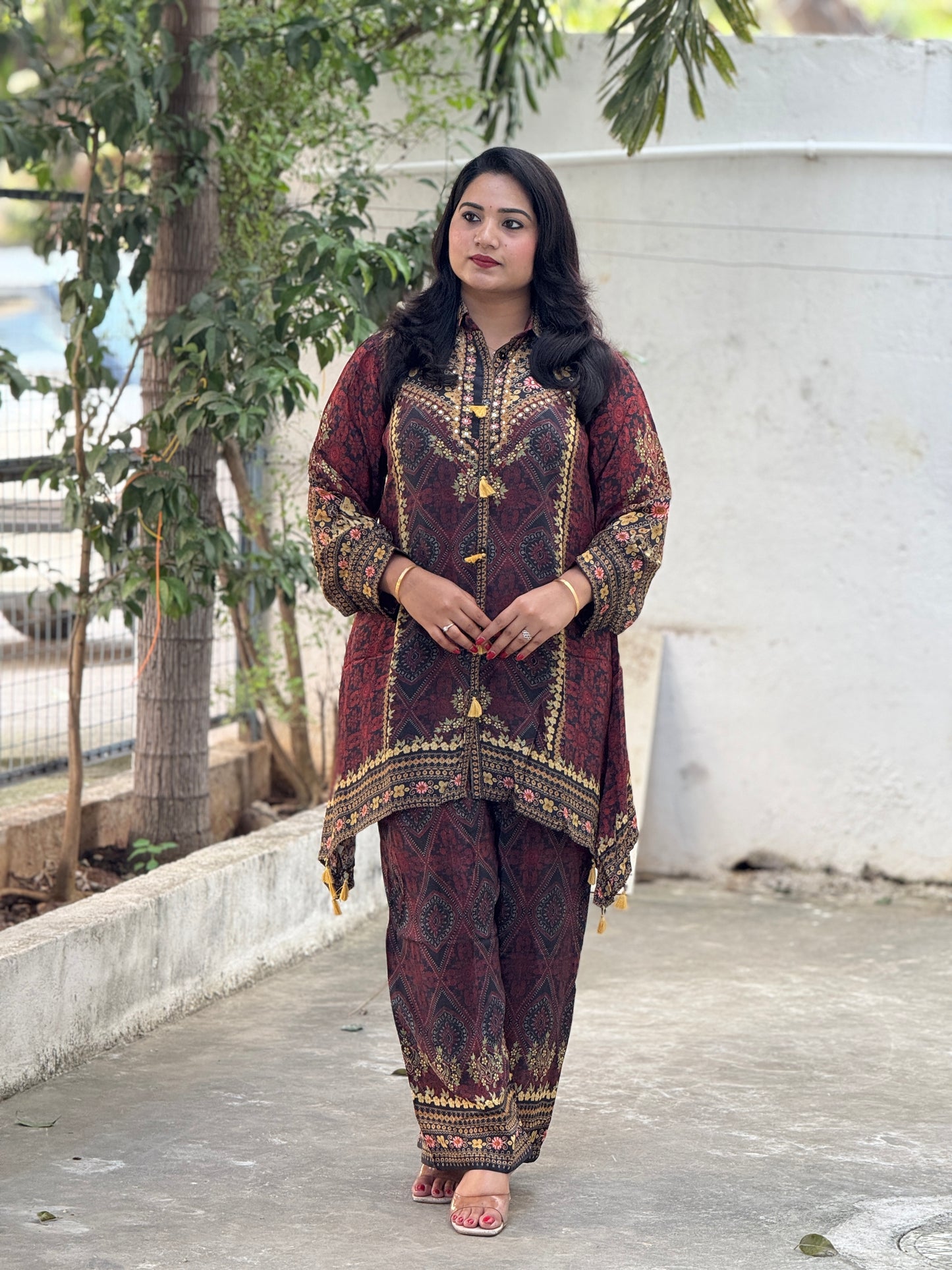 Premium Crepe Ajrakh Print Style Cord Set with Tassel Detailing for Women – Sizes 38 to 44