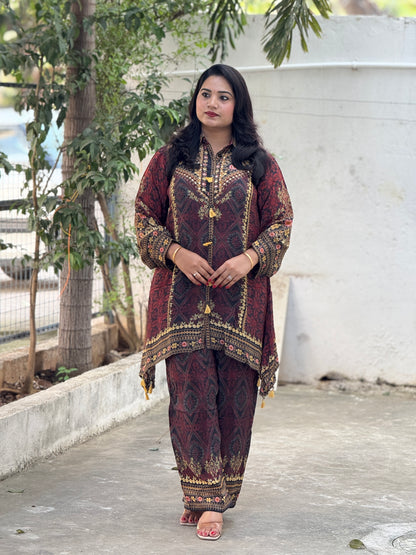 Premium Crepe Ajrakh Print Style Cord Set with Tassel Detailing for Women – Sizes 38 to 44