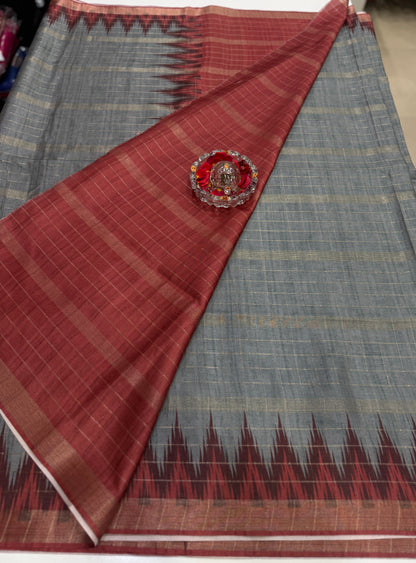 Semi Tussar Silk Saree with Contrast Border and Tassel Pallu for Women