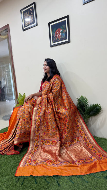 Orange Designer Silk Saree with Heavy Embroidery Work and Unstitched Blouse for Festive and Wedding Wear