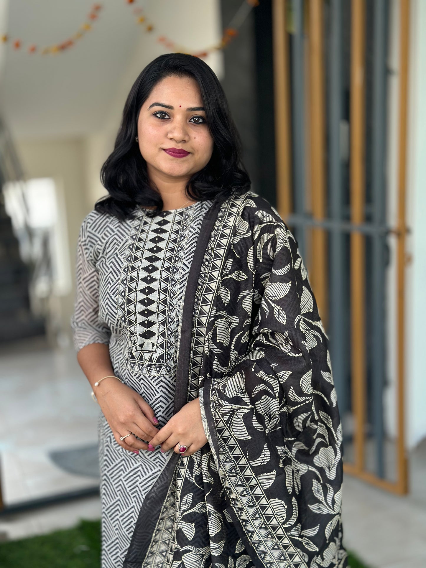 Women’s Chanderi Geometric Print Suit Set with Kantha and Sequence Work, Cotton Pants and Dupatta – Black