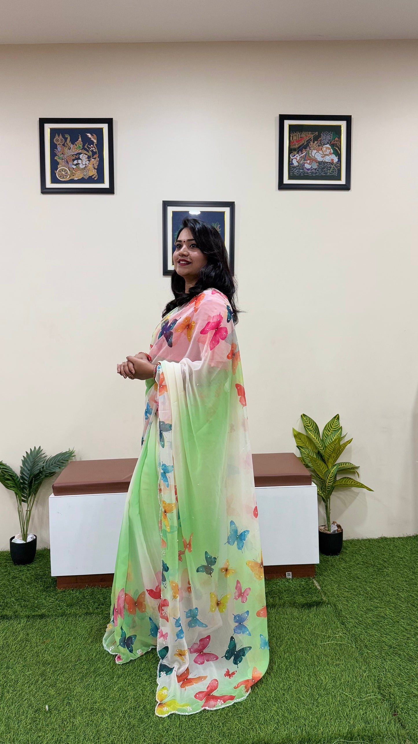 Pure Soft Georgette Silk Saree with Digital Butterfly Print, Cutdana and Moti Work – Women’s Festive Wear