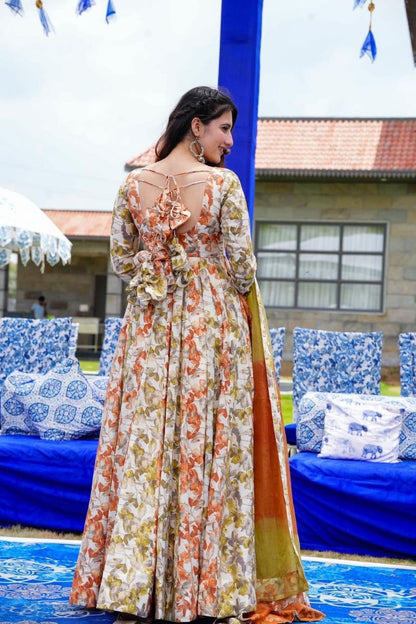 Orange Yellow Muslin Flared Dress for Women with Lining – Festive Wear – Sizes M to XXL