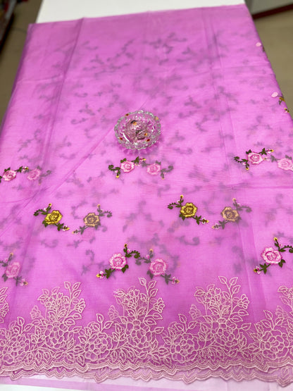 Kora Banarasi Saree with Floral Embroidery and Woven Border – Lightweight Festive Wear