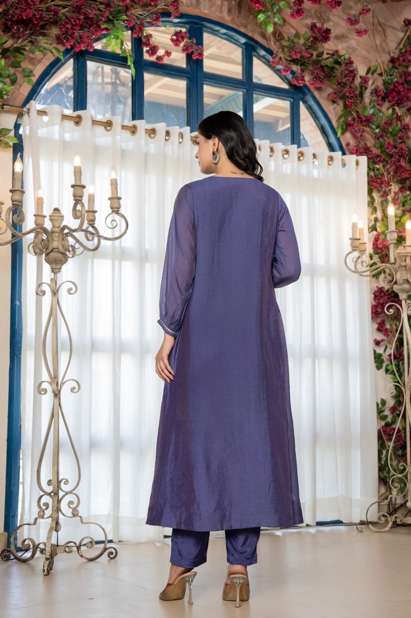 Chanderi Anarkali Kurti Pant Dupatta Set with Elegant Handwork for Women