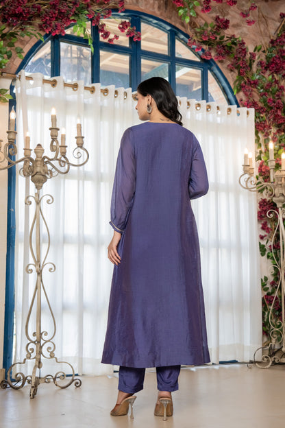 Chanderi Anarkali Kurti Pant Dupatta Set with Elegant Handwork for Women