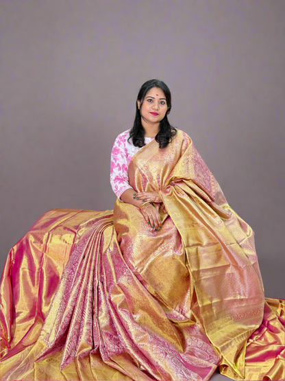 Pure Silk Borderless Saree in Golden Yellow and Magenta with Rich Zari Weaving – Wedding Saree