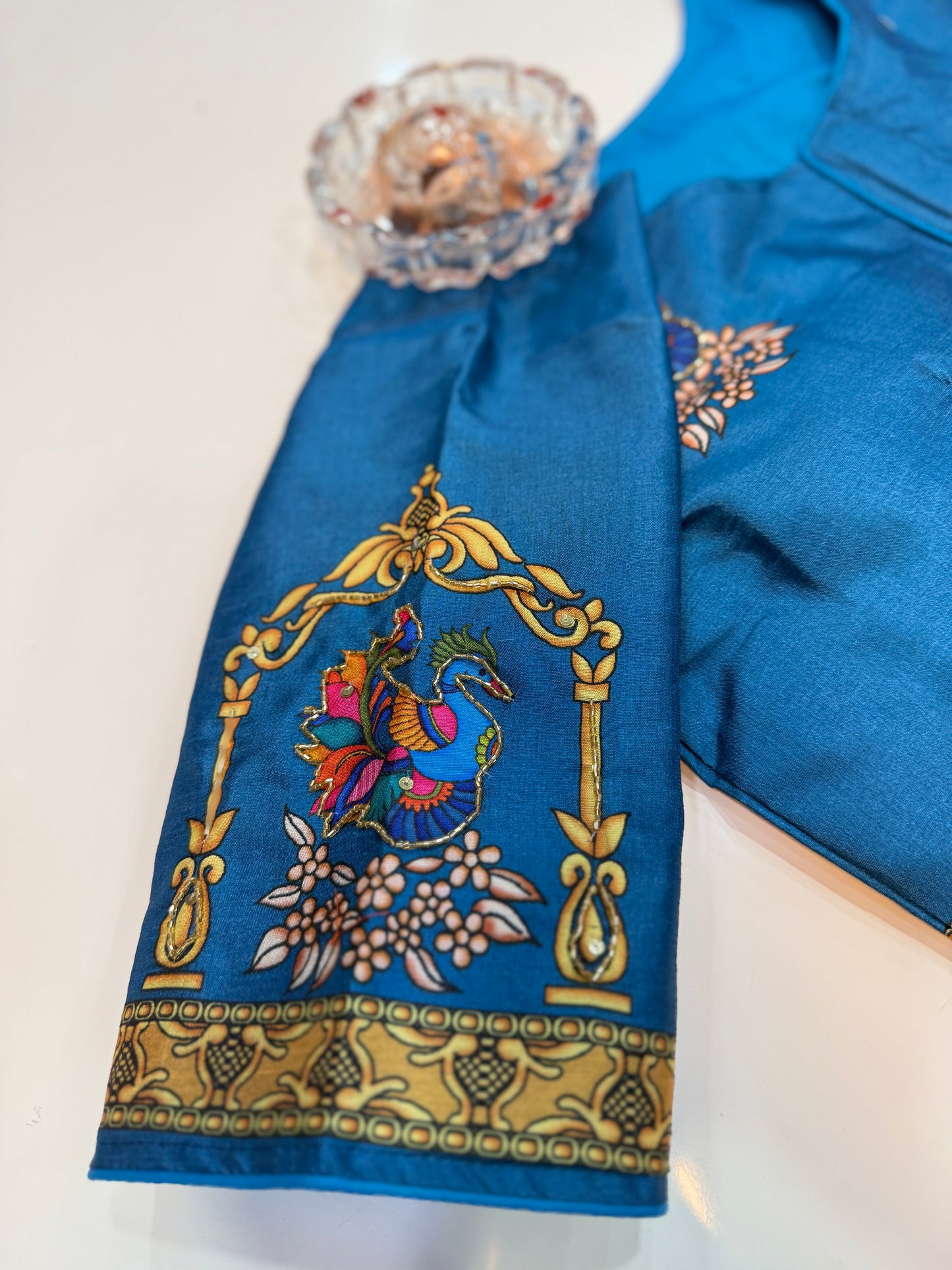 Silk printed readymade blouse for women with antique handcrafted work, size 38–42, short sleeve, saree blouse