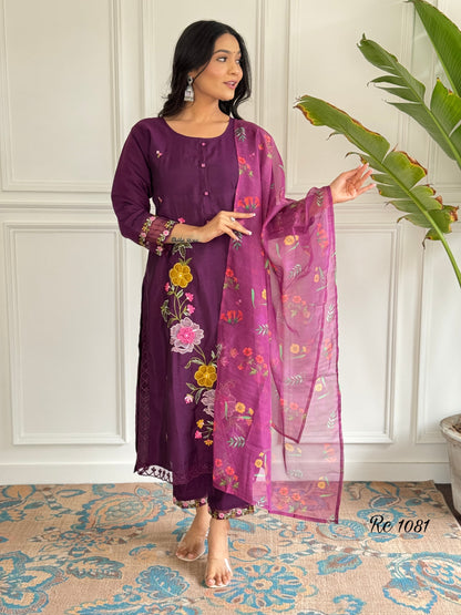 Chanderi Silk Embroidered Kurti Pant Set with Organza Printed Dupatta for Women