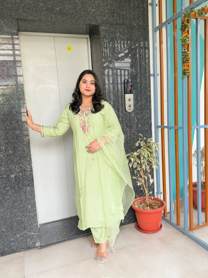 Pastel Green Roman Silk Kurta Set with Multi-Color Floral Embroidery and Organza Dupatta – 3-Piece Set for Women