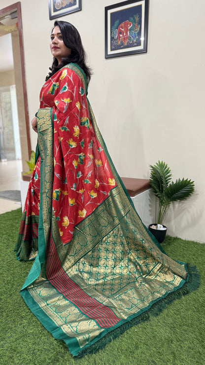 Dola Silk Saree with Kalamkari Patola Digital Print and Gold Zari Foil Border