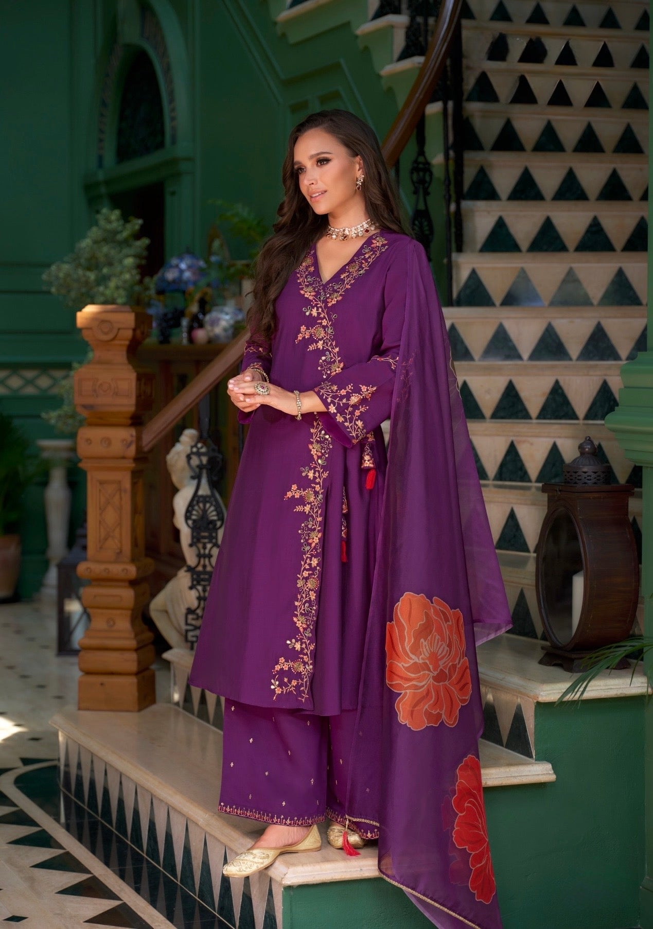 Women’s Roman Silk Angrakhha Kurti Set with Embroidery and Organza Dupatta – XL to XXL