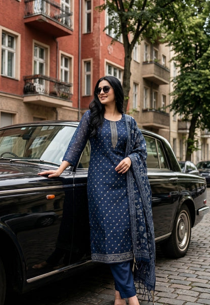 Mul Chanderi Printed Kurta Pant Dupatta Set with Kantha Work and Lining for Women (Blue, 3 Piece)