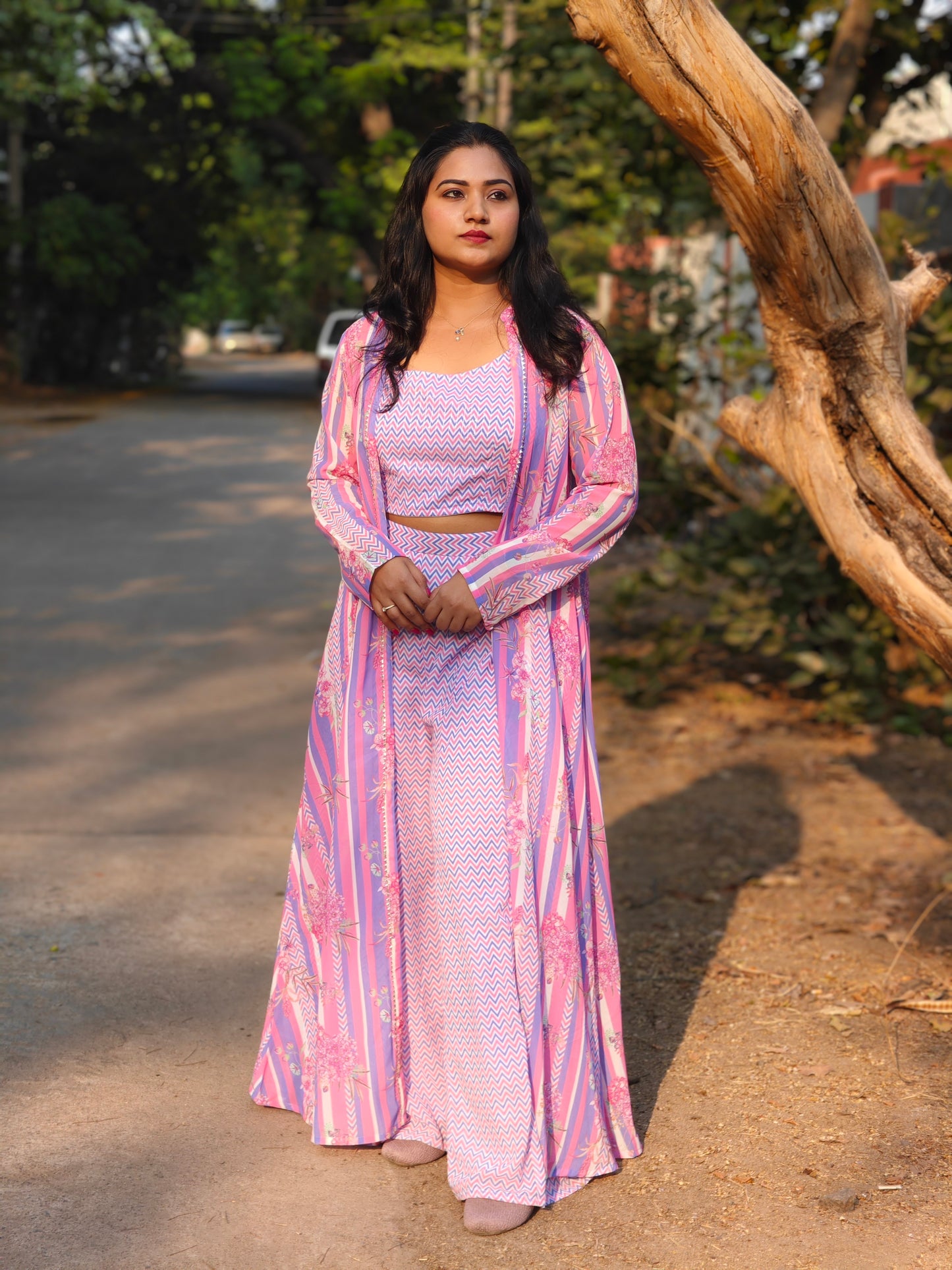 Women’s Georgette Chevron Print 3-Piece Set with Jacket – Sizes L, XL & 2XL