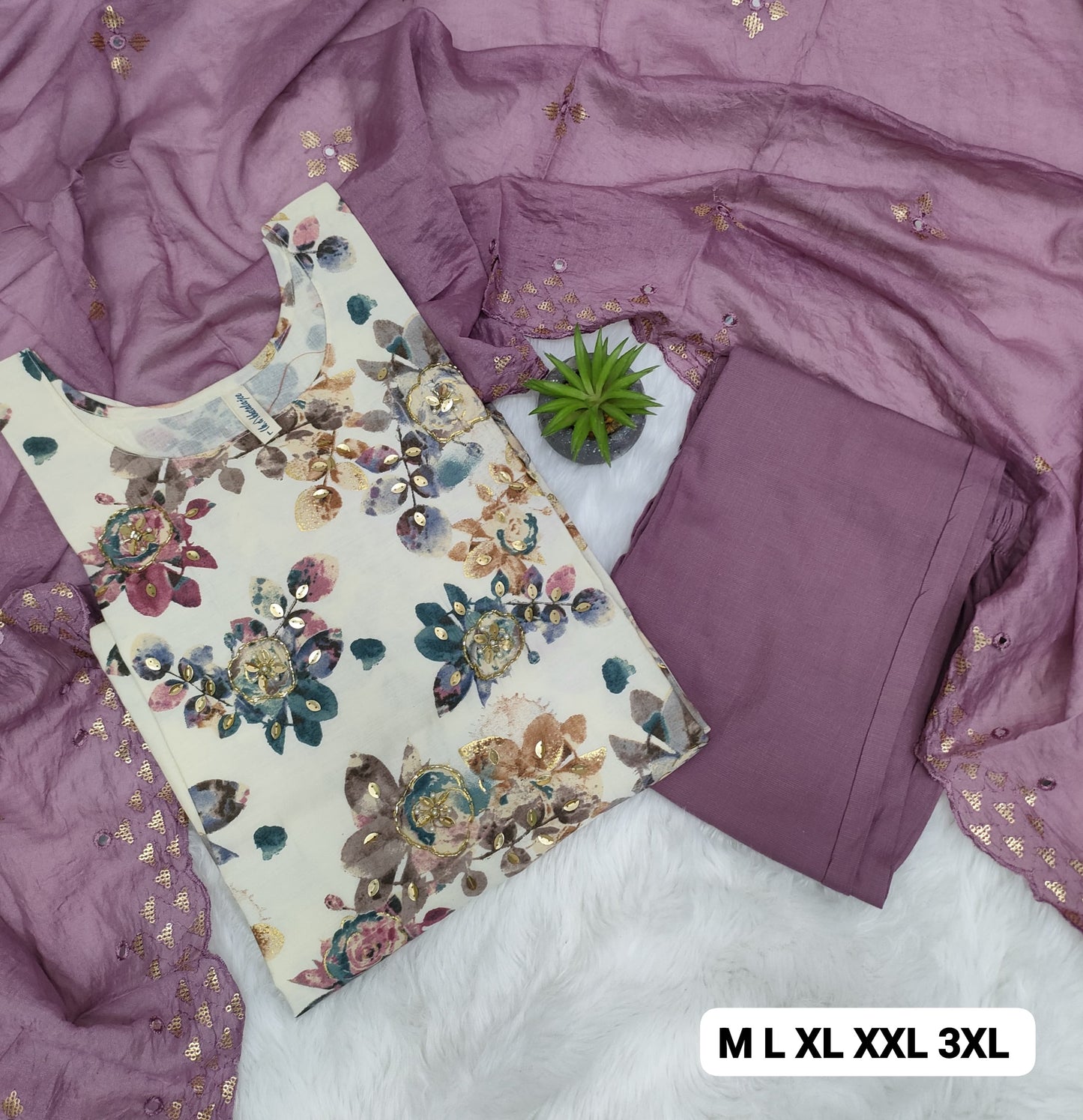 Handcrafted Modal Silk Kurti with Pant & Heavy Work Dupatta – Sizes M to 3XL