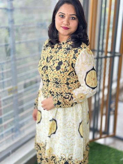 Women’s Indo-Western Chiffon Midi Dress with Digital Print and Flap Sleeves – Sizes 36 to 44