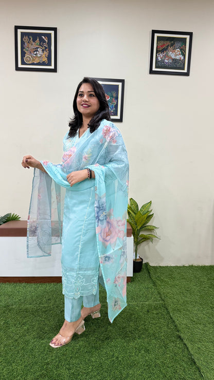 Women’s Organza Embroidered Suit Set with Viscose Silk Pant and Digital Print Dupatta – L to 3XL