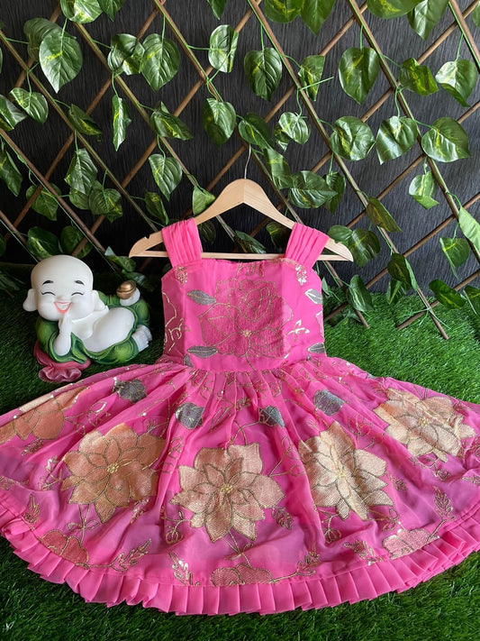 Girls Georgette Floral Embroidered Frock with Sequin Work and Frilled Hemline