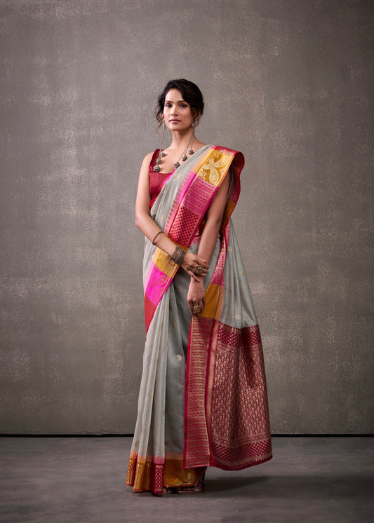 royal modal cotton saree with zari border and contrast blouse – festive ethnic wear for women