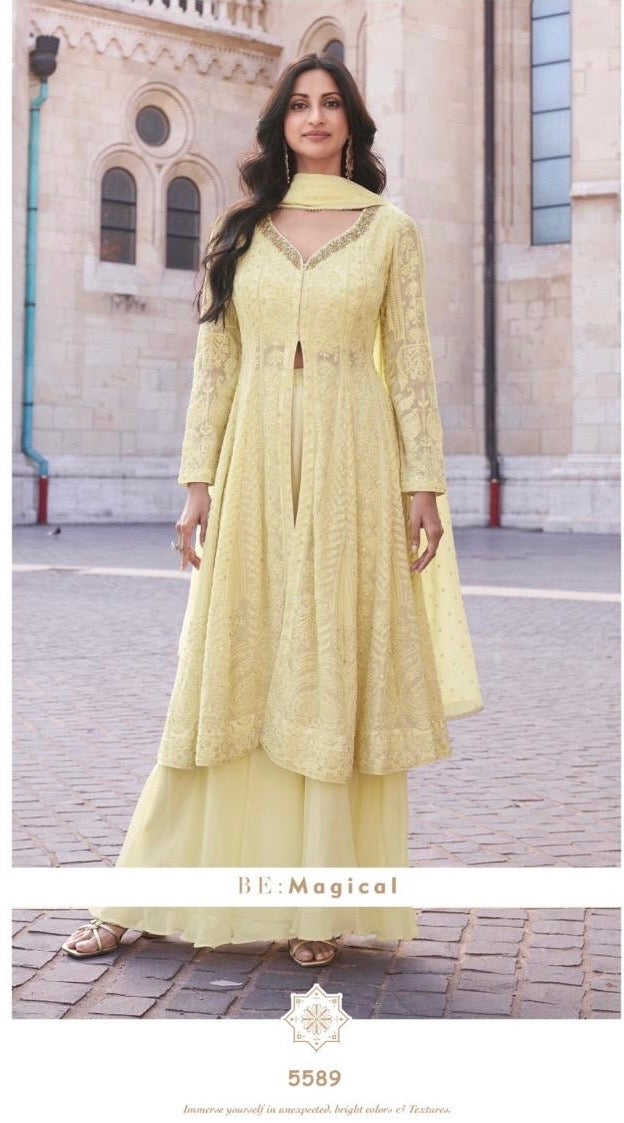 Real Georgette 3-Piece Set with Embroidered Top, Palazzo, and Dupatta – Free Size Stitched Ethnic Wear