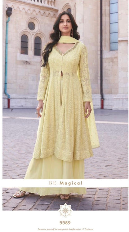 Real Georgette 3-Piece Set with Embroidered Top, Palazzo, and Dupatta – Free Size Stitched Ethnic Wear