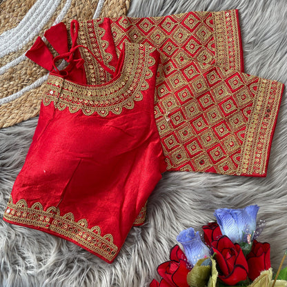 Soft Silk Front-Open Blouse with Heavy Sequins, Thread, Jari and Handwork for Women