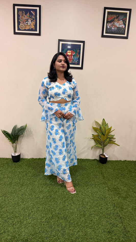 Women's Printed Faux Georgette Co-ord Set with Handwork Crop Top and Palazzo Pants