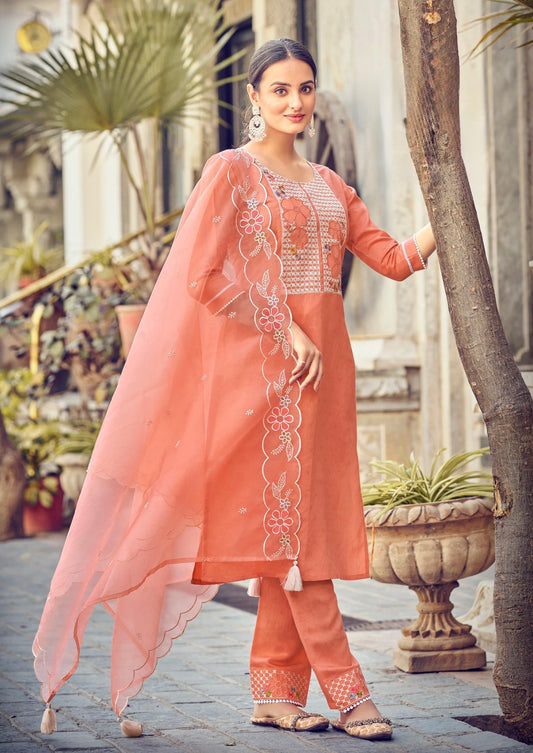 Viscose Embroidered Kurta Pant Set with Organza Dupatta for Women – Plus Sizes Available