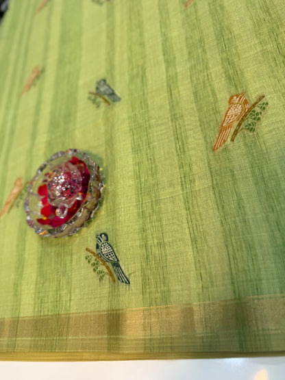 Ghicha cotton saree with bird motif pallu and tassel border, printed cotton saree for women