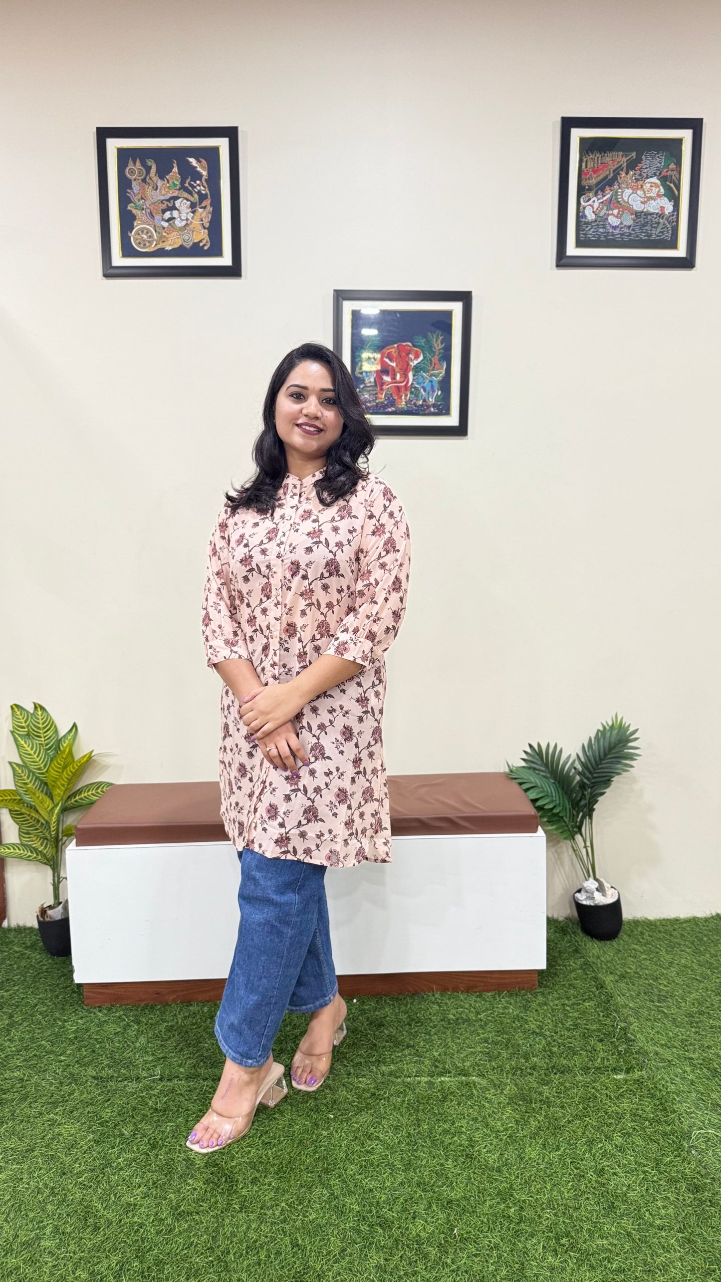 Beige Georgette Floral Printed Regular Fit Tunic – Women’s Casual Wear (L to 2XL)