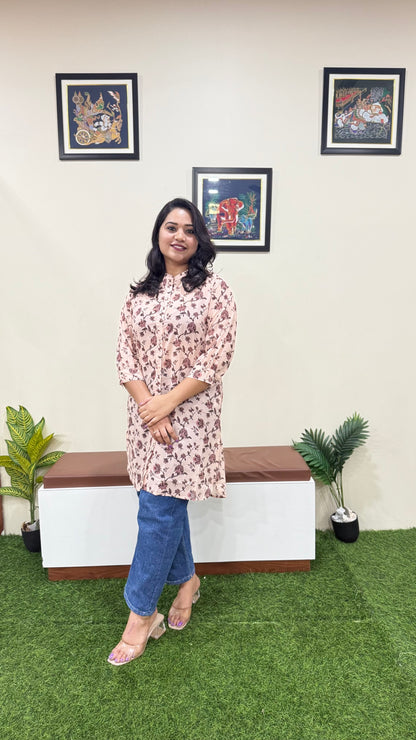 Beige Georgette Floral Printed Regular Fit Tunic – Women’s Casual Wear (L to 2XL)
