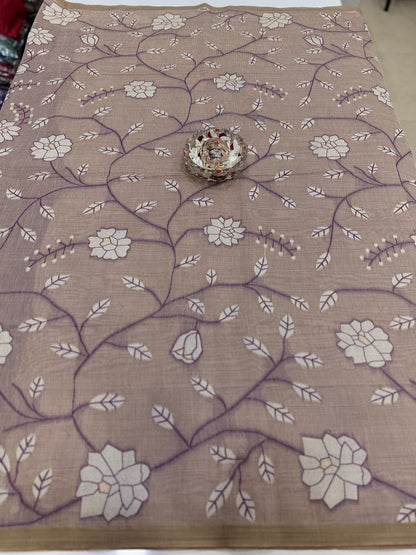 Linen printed saree with floral vine design, contrast border and tassel pallu, women’s daily wear saree